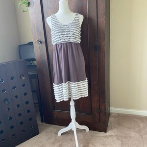 Anthropologie Ruffled Cream and Brown Midi Dress